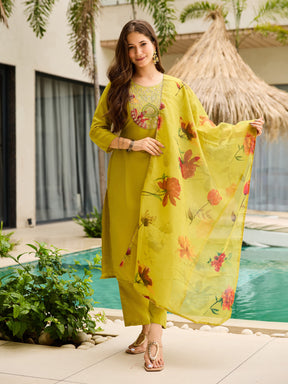 Lime Green Kurta Set with Floral Organza Dupatta