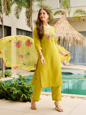 Lime Green Kurta Set with Floral Organza Dupatta