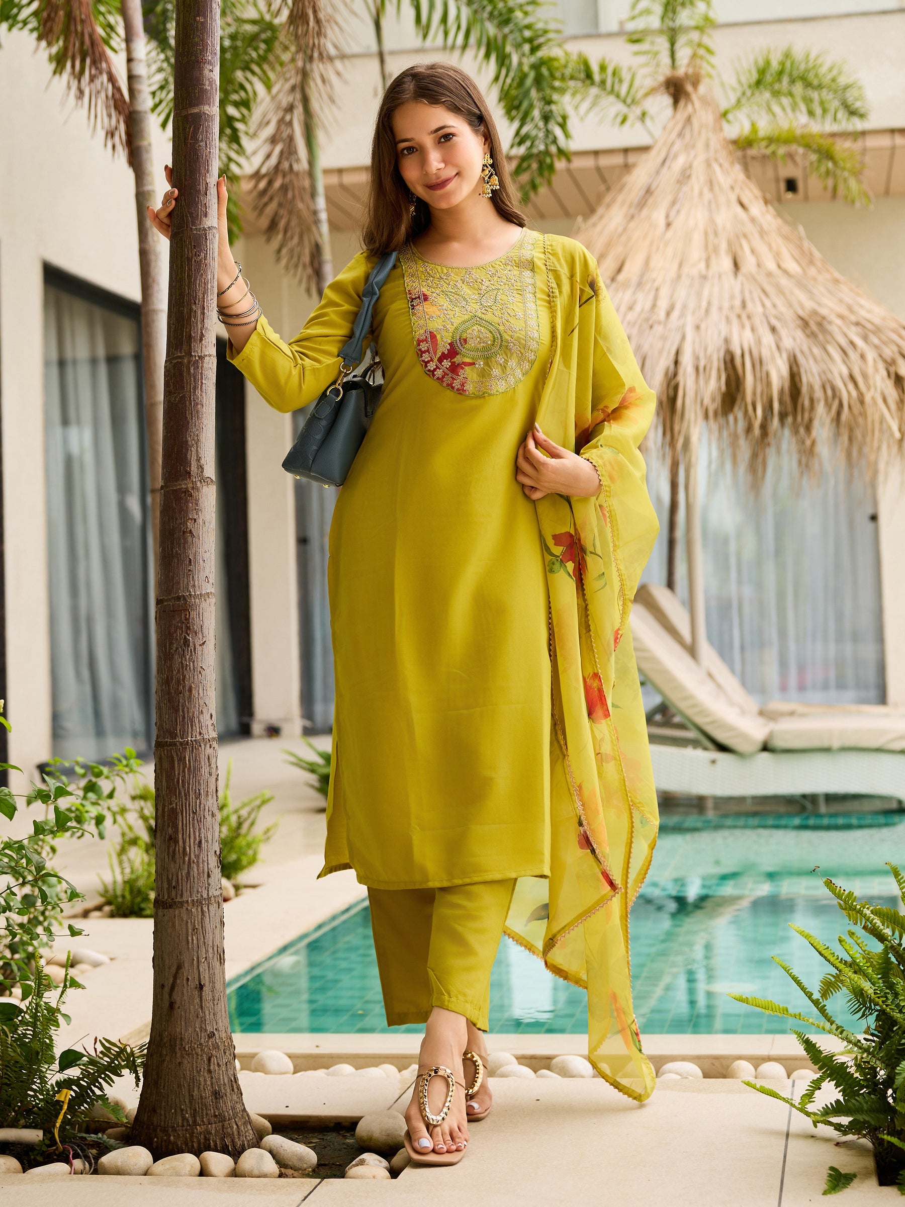 Lime Green Kurta Set with Floral Organza Dupatta