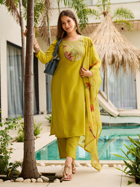 Lime Green Kurta Set with Floral Organza Dupatta