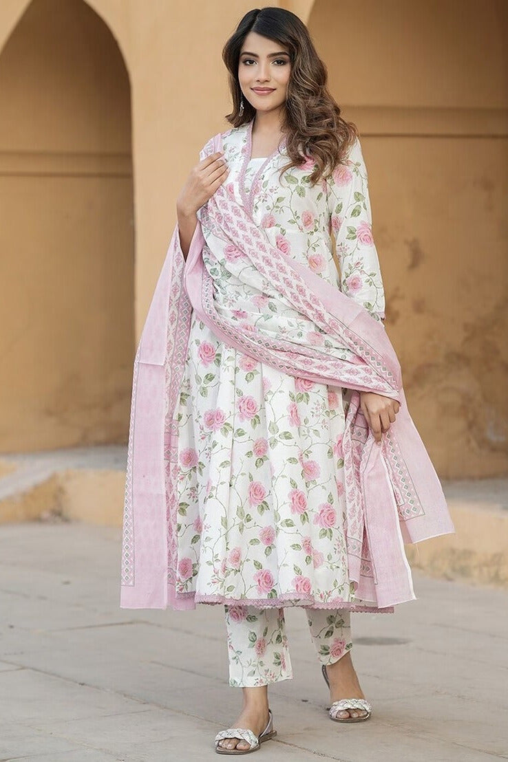 Pink Floral Anarkali Kurta Set with Dupatta for Women