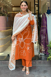 Rust Orange Floral Kurta Set with Dupatta for Women
