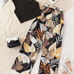 Girls Black Ribbed Sleeveless Crop Top & Tropical Leaf Print Pants Set