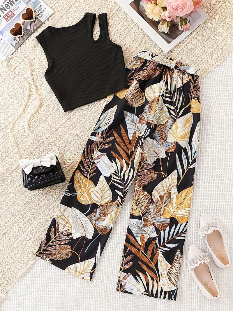Girls Black Ribbed Sleeveless Crop Top & Tropical Leaf Print Pants Set