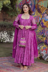 Purple Bandhani Print Anarkali Kurta Set with Dupatta for Women