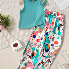 Girls Teal Ribbed Sleeveless Crop Top & Multicolor Printed Pants Set