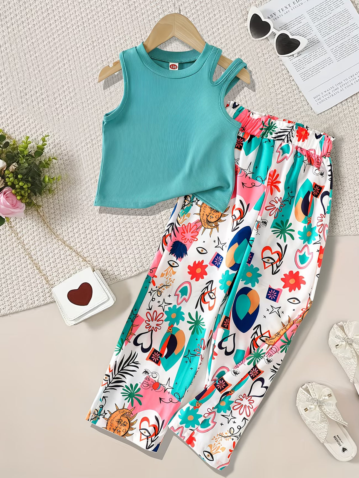 Girls Teal Ribbed Sleeveless Crop Top & Multicolor Printed Pants Set
