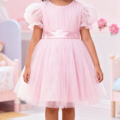 Girls Baby Pink Puff-Sleeve Tulle Party Dress with Satin Waistband