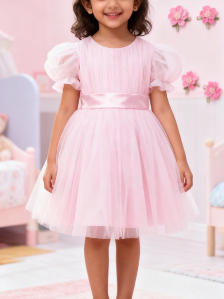Girls Baby Pink Puff-Sleeve Tulle Party Dress with Satin Waistband