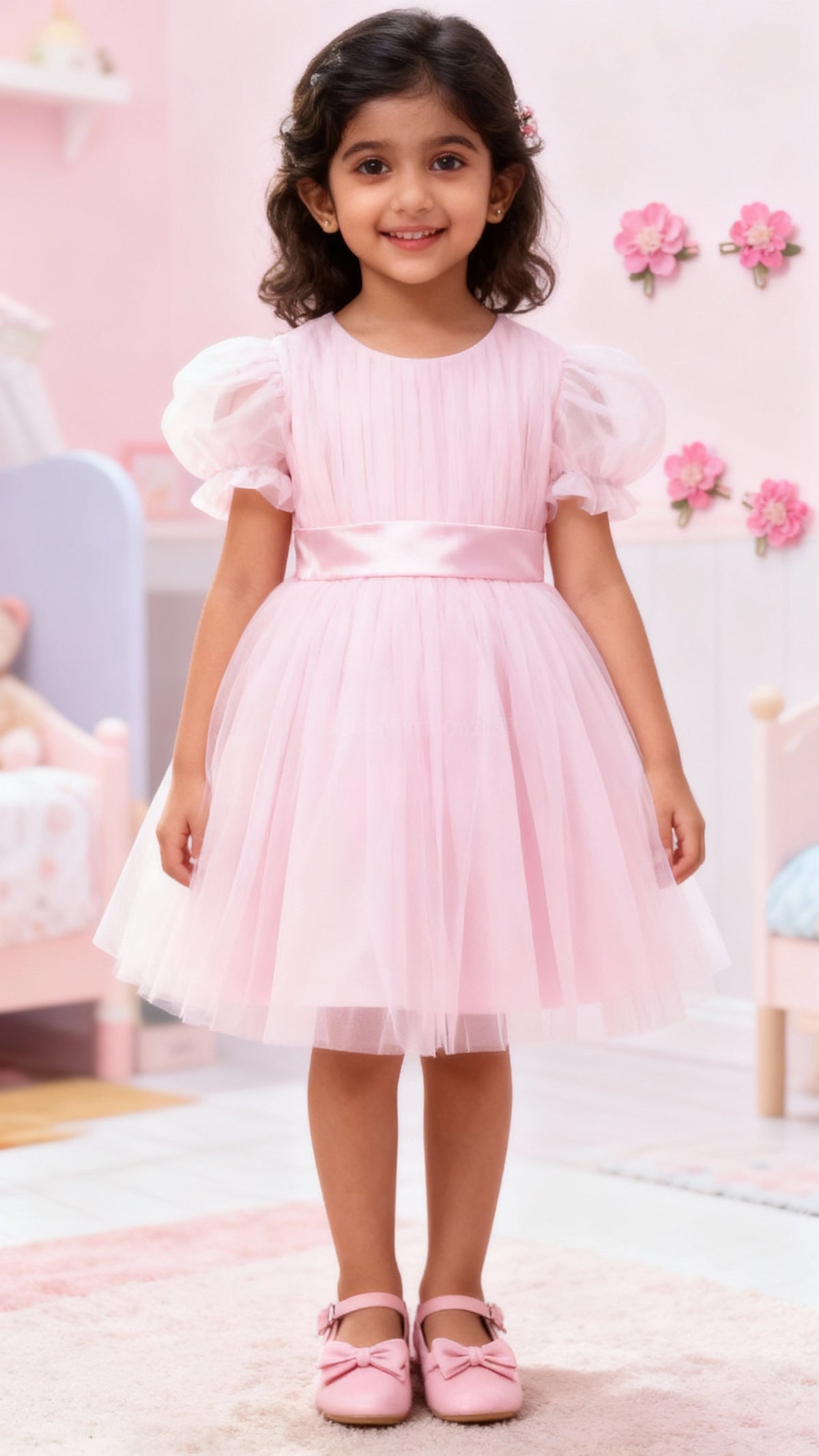 Girls Baby Pink Puff-Sleeve Tulle Party Dress with Satin Waistband
