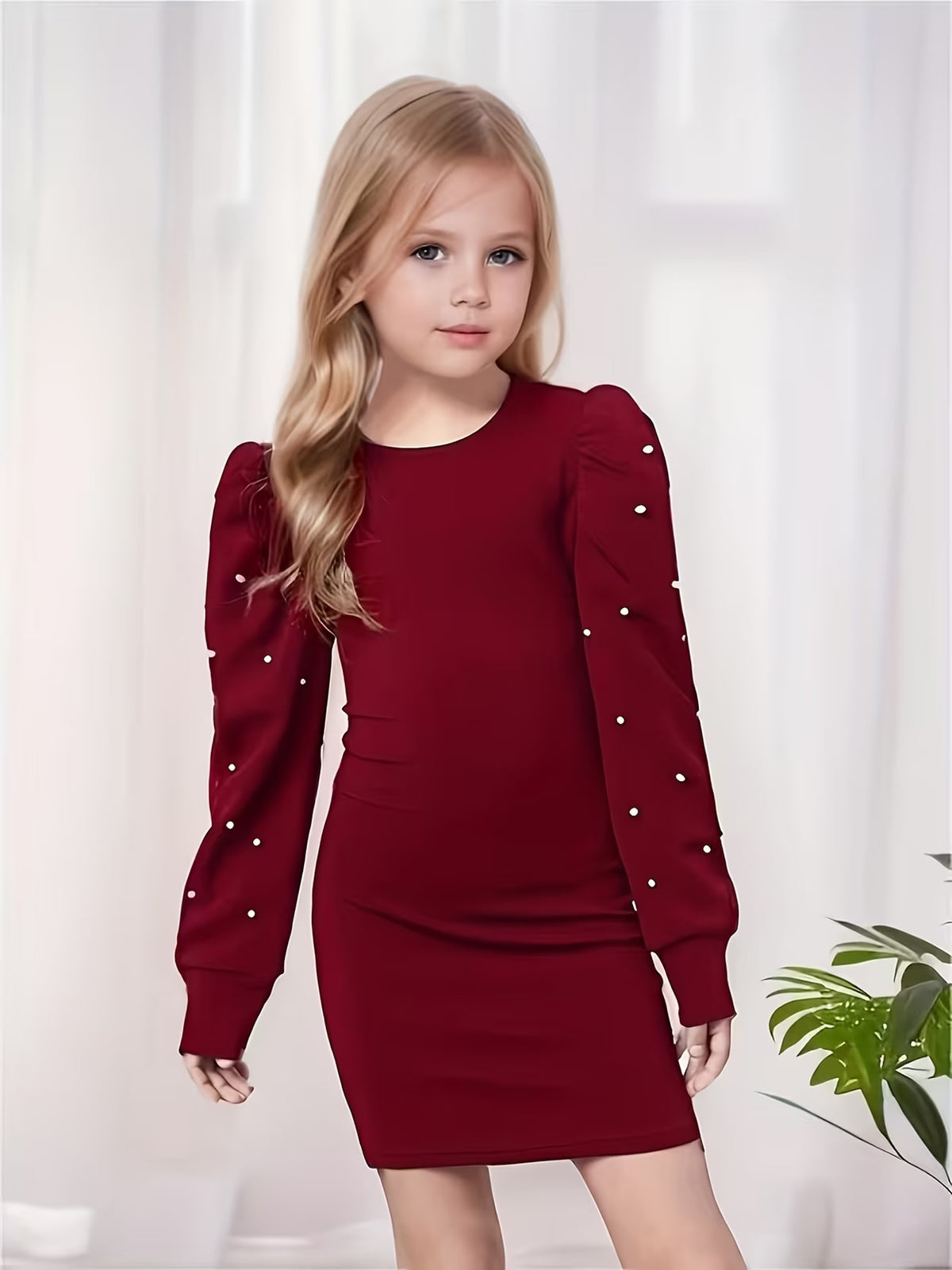 Girls Maroon Pearl Embellished Puff Sleeve Bodycon Dress