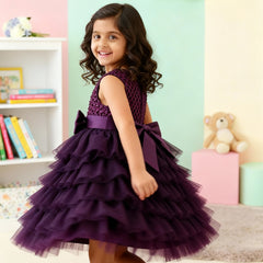 Girls Premium Purple Layered Party Dress with Big Bow & Embellished Bodice