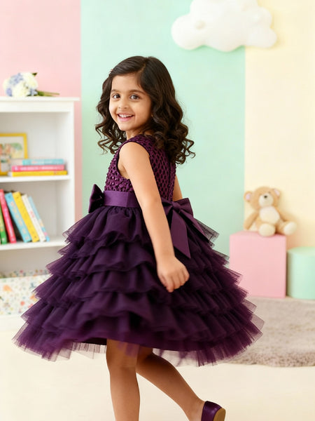 Girls Premium Purple Layered Party Dress with Big Bow & Embellished Bodice