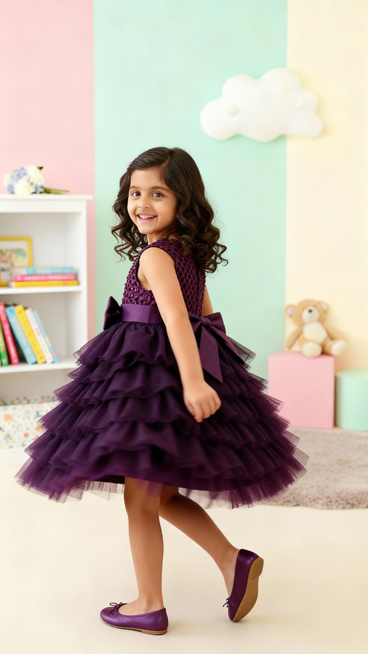 Girls Premium Purple Layered Party Dress with Big Bow & Embellished Bodice