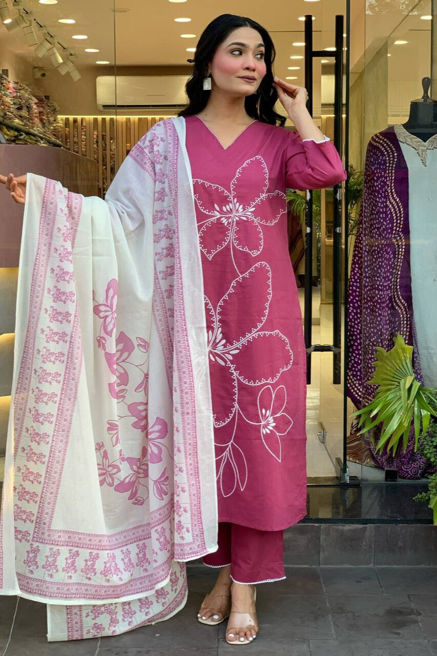 Rani Pink Floral Kurta Set with Dupatta for Women