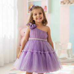 Girls Lavender One-Shoulder Party Dress with Bow & Pearl Waist Belt