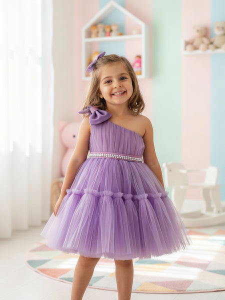 Girls Lavender One-Shoulder Party Dress with Bow & Pearl Waist Belt