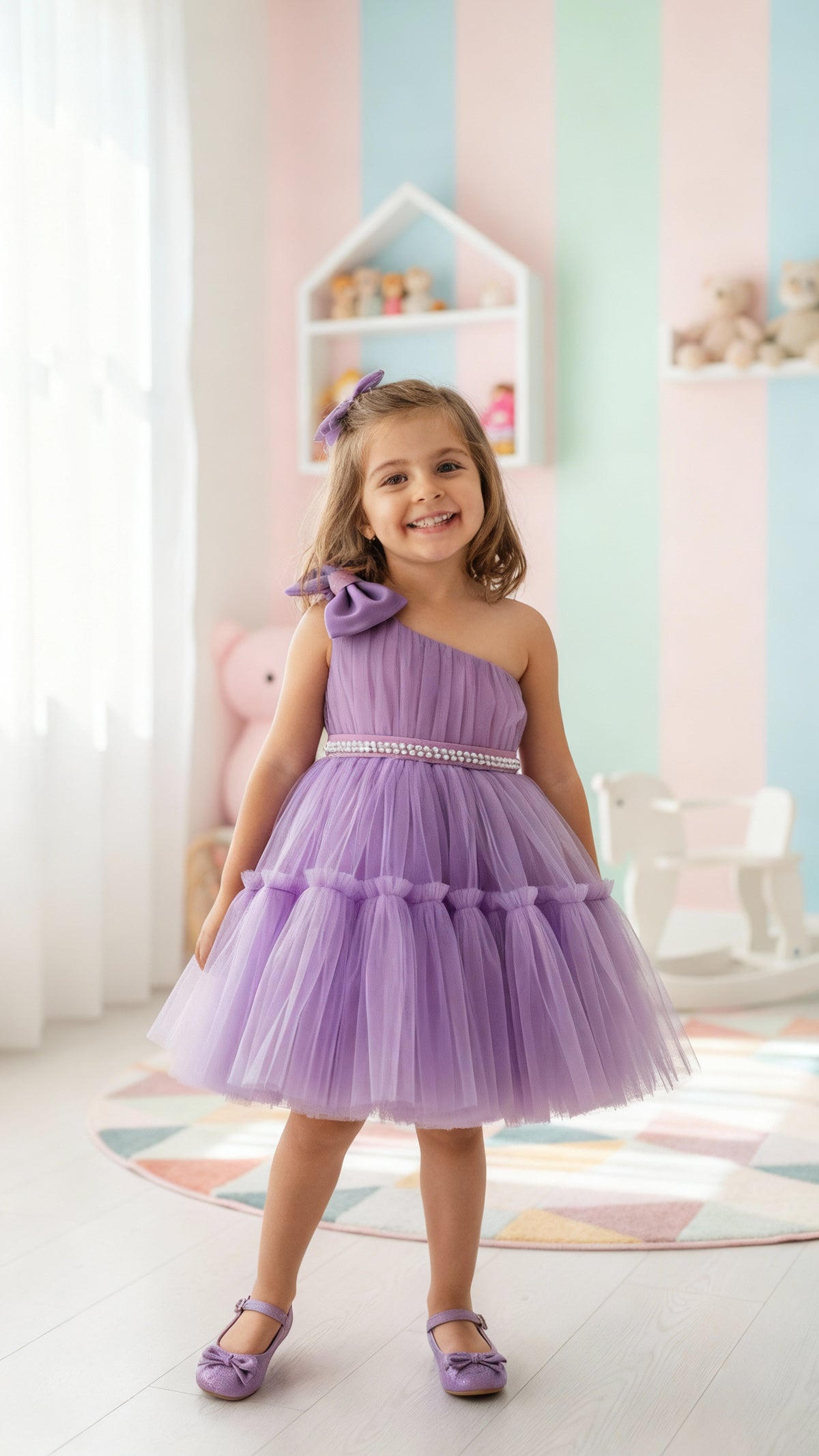 Girls Lavender One-Shoulder Party Dress with Bow & Pearl Waist Belt