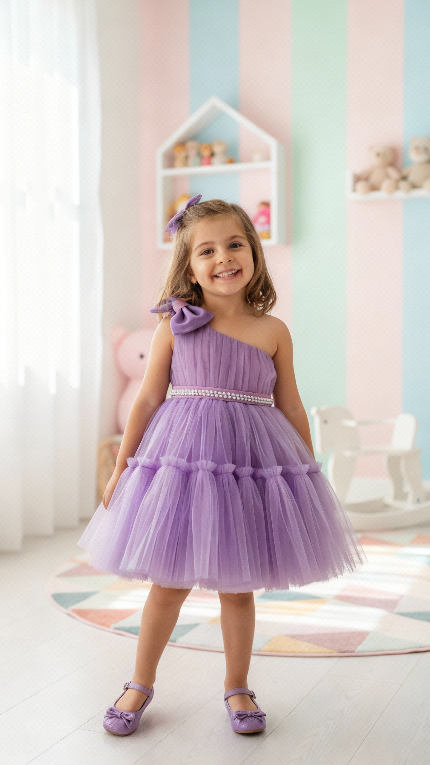 Girls Lavender One-Shoulder Party Dress with Bow & Pearl Waist Belt