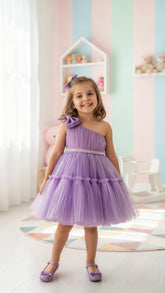 Girls Lavender One-Shoulder Party Dress with Bow & Pearl Waist Belt