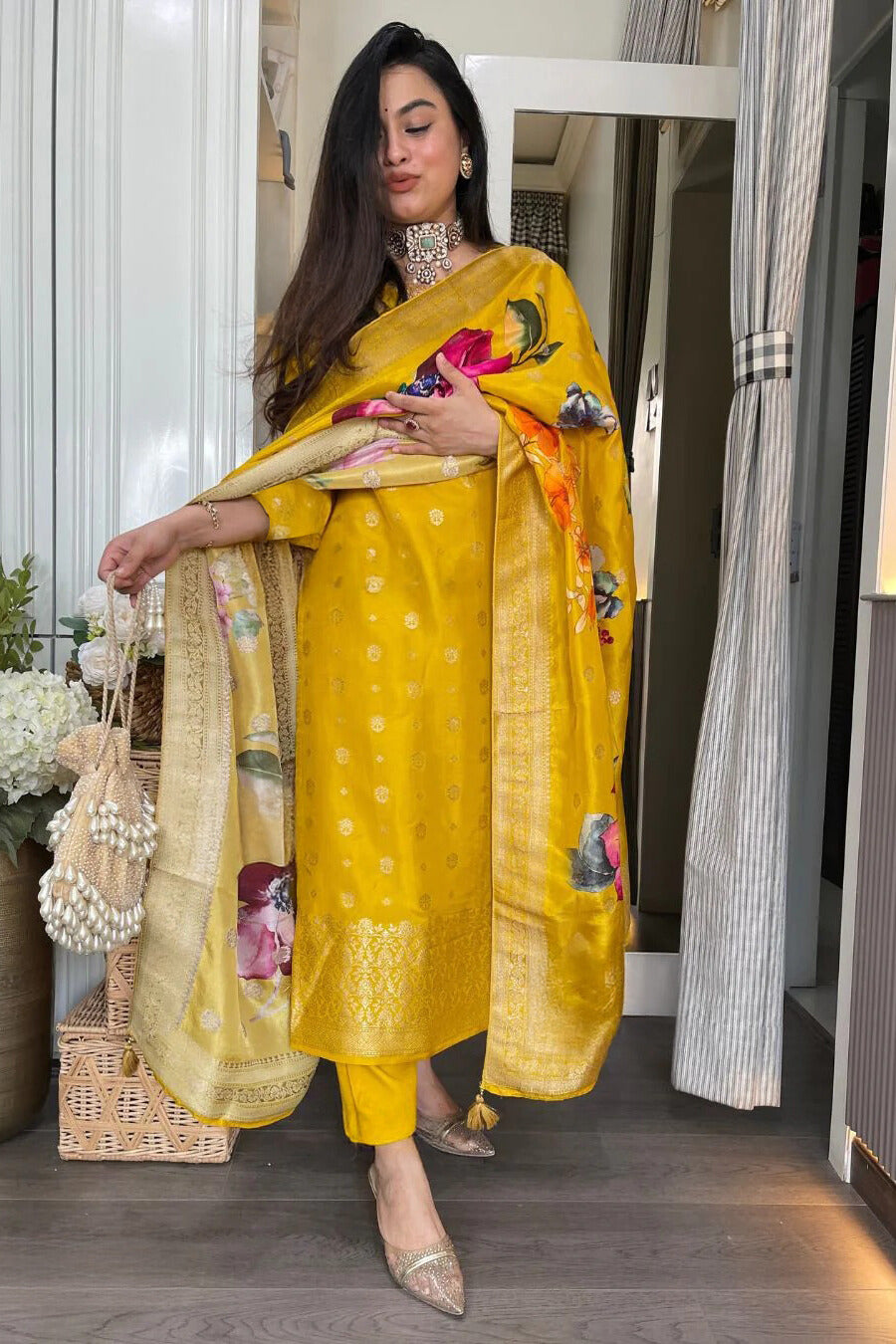 Mustard Yellow Banarasi Kurta Set with Dupatta
