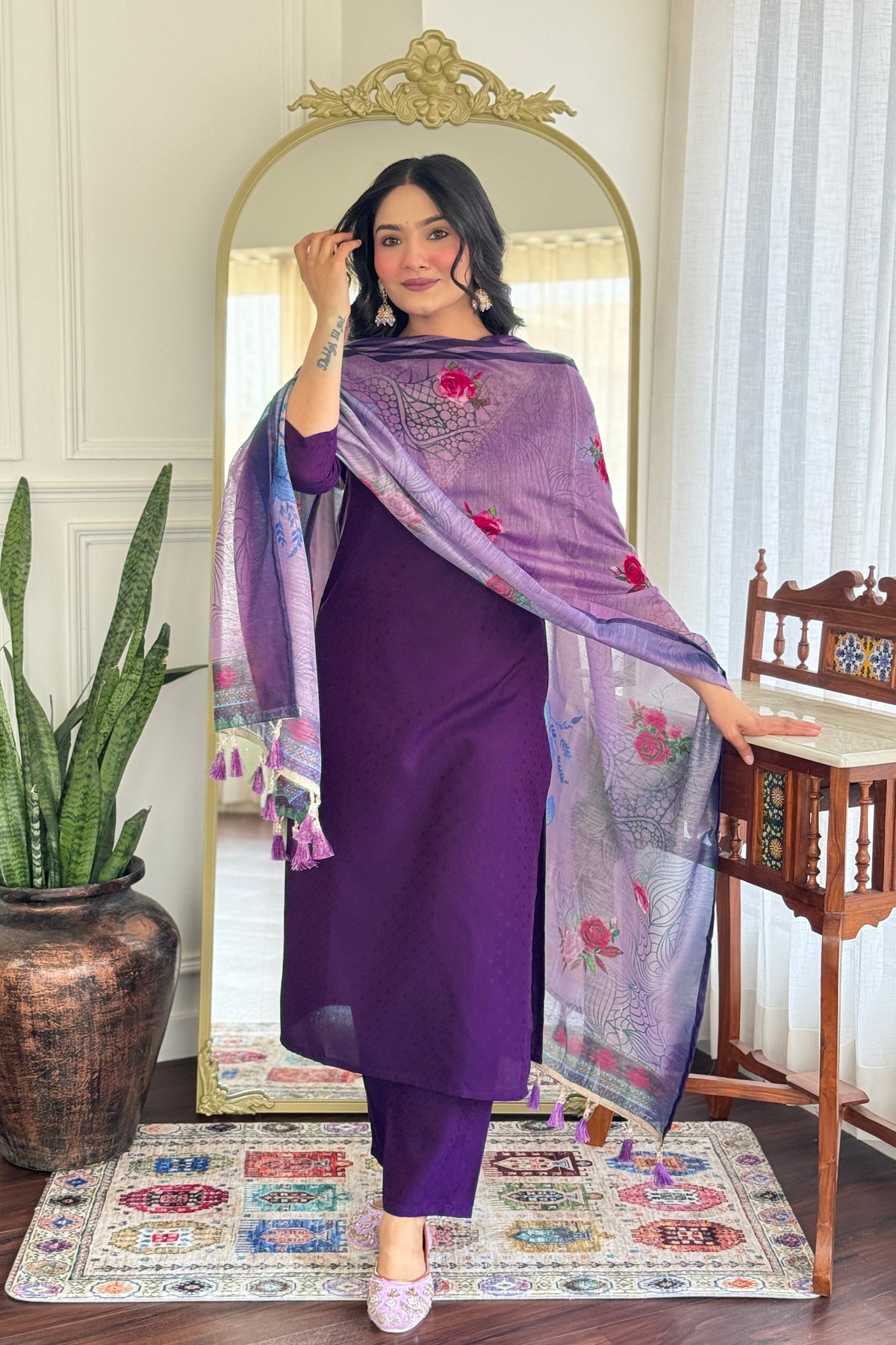 Deep Purple Kurta Pant Set with Floral Organza Dupatta
