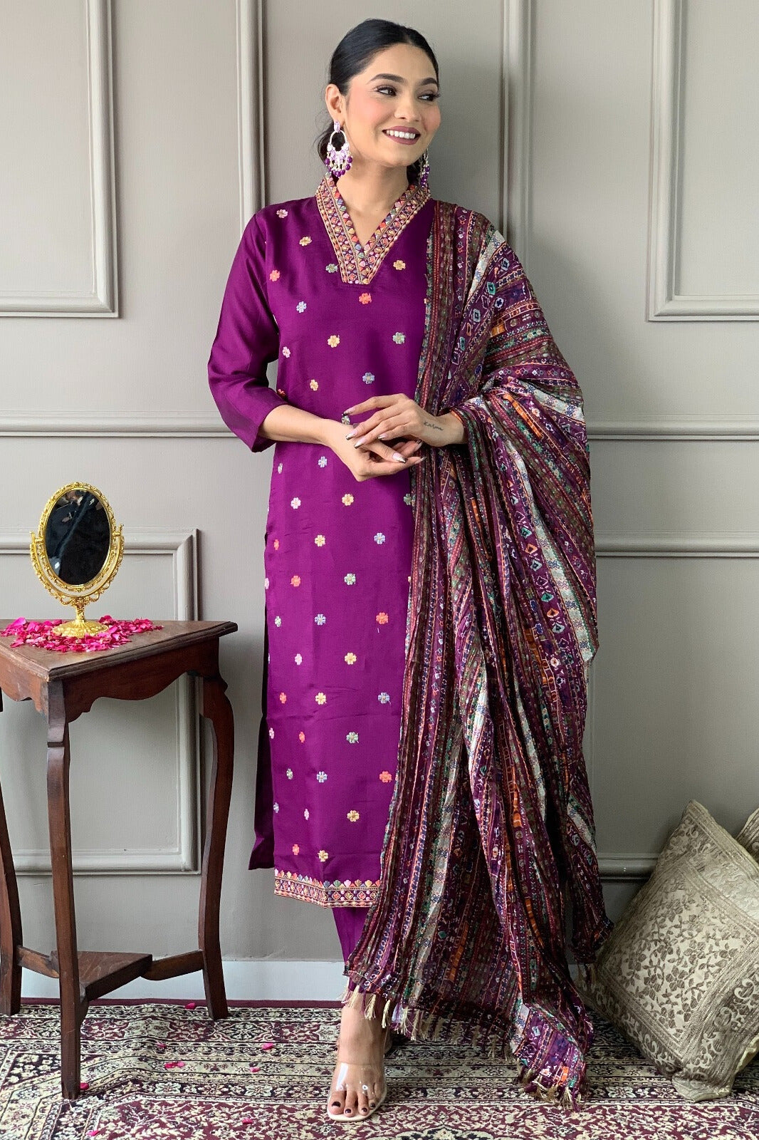 Magenta Embroidered Kurta Set with Printed Dupatta