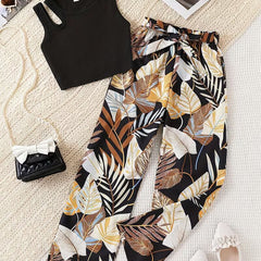 Girls Black Ribbed Sleeveless Crop Top & Tropical Leaf Print Pants Set
