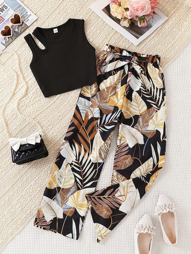 Girls Black Ribbed Sleeveless Crop Top & Tropical Leaf Print Pants Set