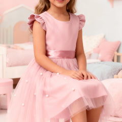 Girls Pink Party Dress with Pearl Embellished Tulle Skirt & Ruffle Sleeves