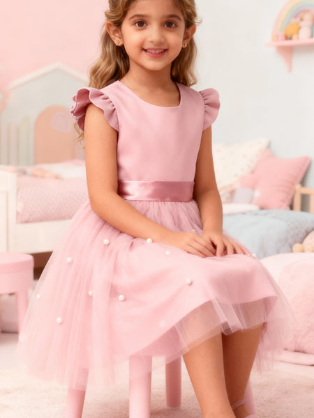 Girls Pink Party Dress with Pearl Embellished Tulle Skirt & Ruffle Sleeves