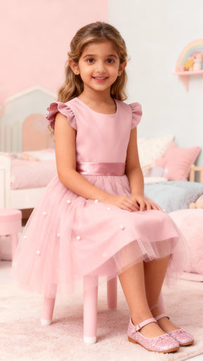 Girls Pink Party Dress with Pearl Embellished Tulle Skirt & Ruffle Sleeves