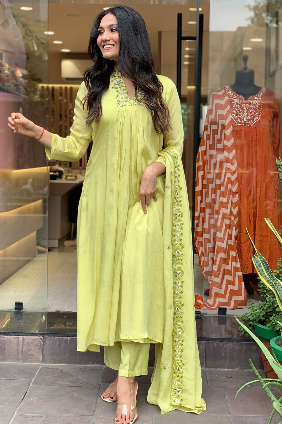 Lime Yellow Anarkali Kurta Set with Dupatta for Women