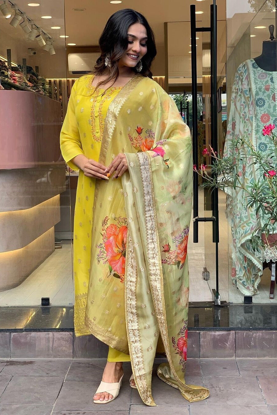 Mustard Yellow Kurta Set with Floral Organza Dupatta
