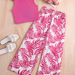 Girls Pink Ribbed Sleeveless Crop Top & Tropical Leaf Print Pants Set