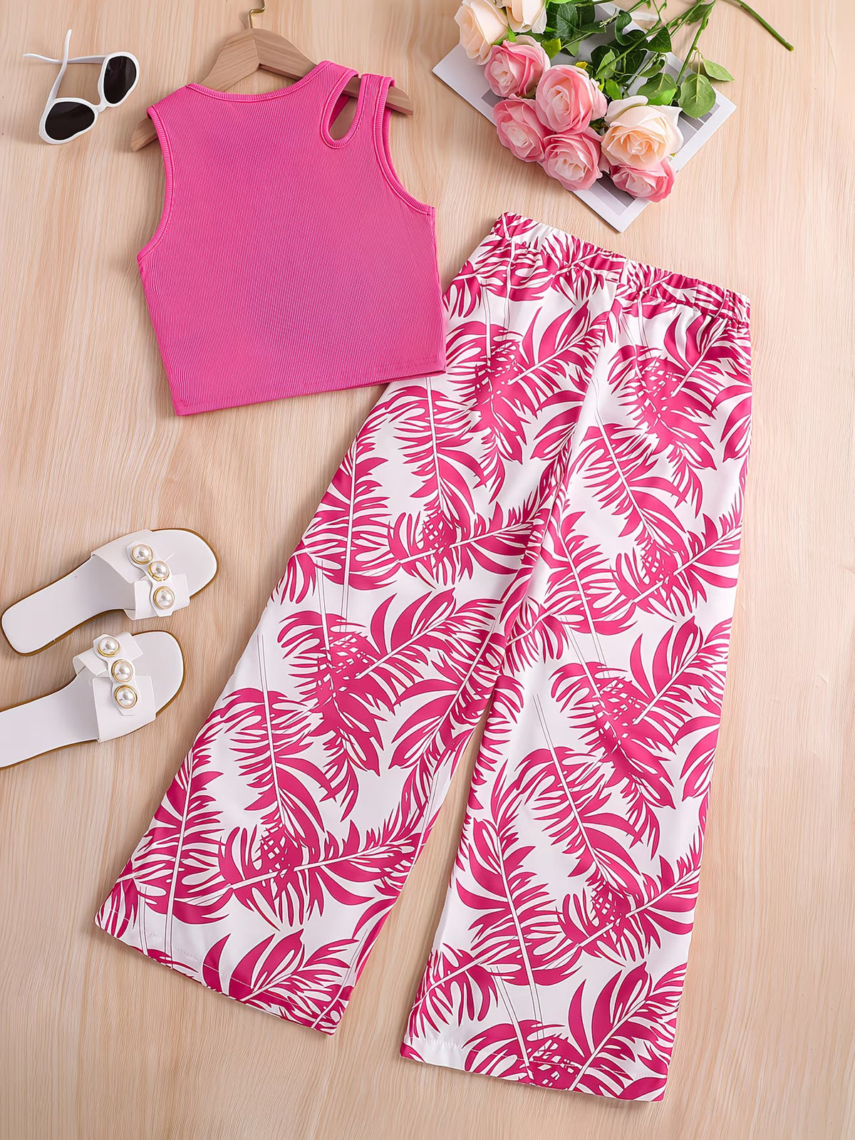 Girls Pink Ribbed Sleeveless Crop Top & Tropical Leaf Print Pants Set