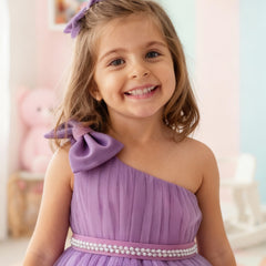 Girls Lavender One-Shoulder Party Dress with Bow & Pearl Waist Belt