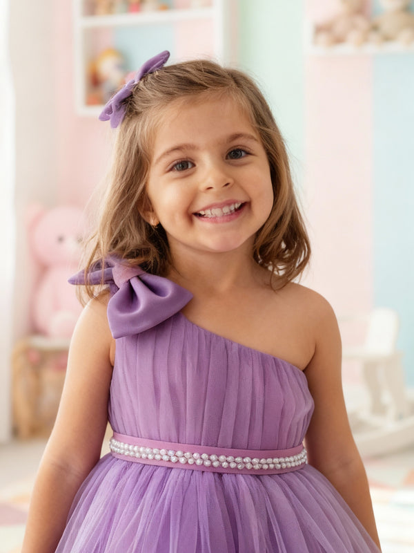 Girls Lavender One-Shoulder Party Dress with Bow & Pearl Waist Belt