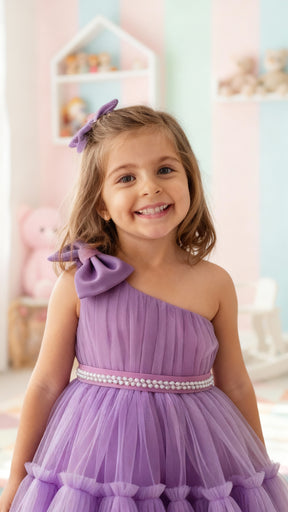 Girls Lavender One-Shoulder Party Dress with Bow & Pearl Waist Belt