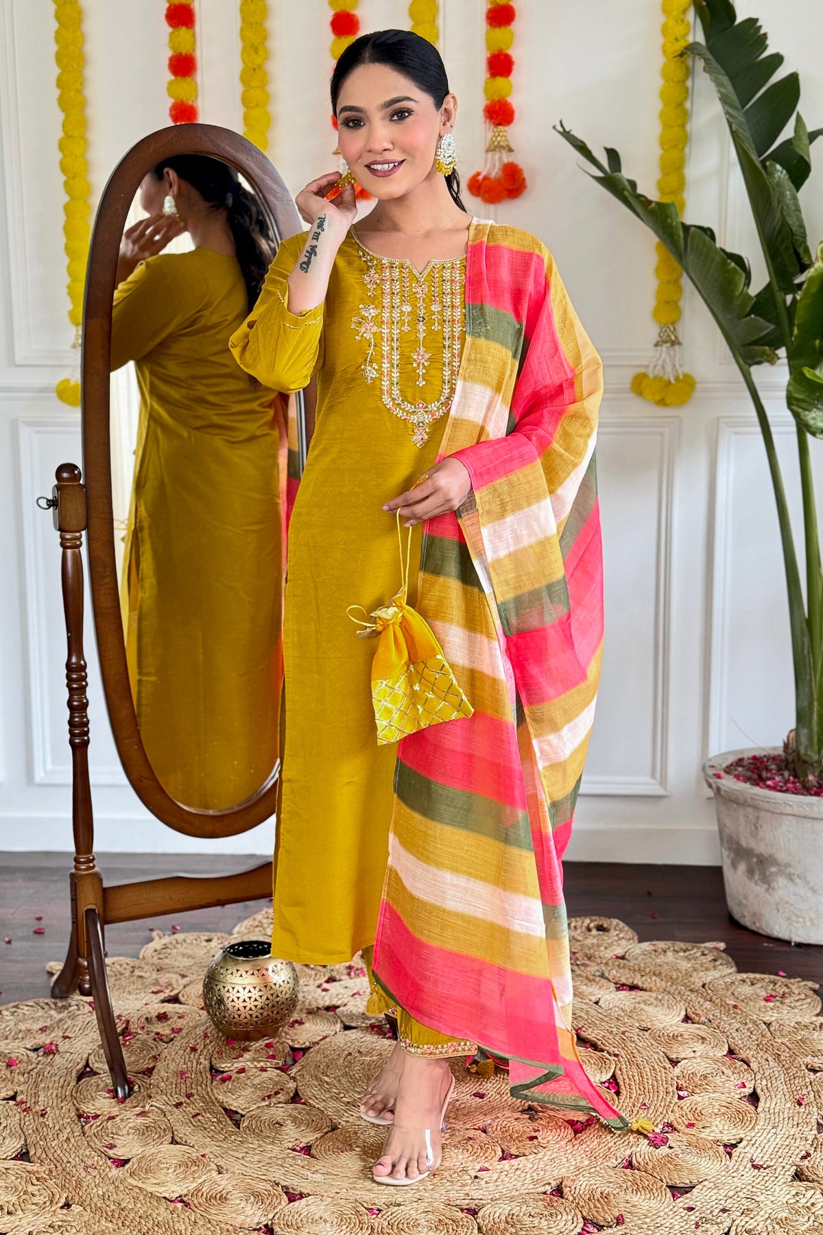 Mustard Yellow Festive Kurta Set with Multicolor Dupatta