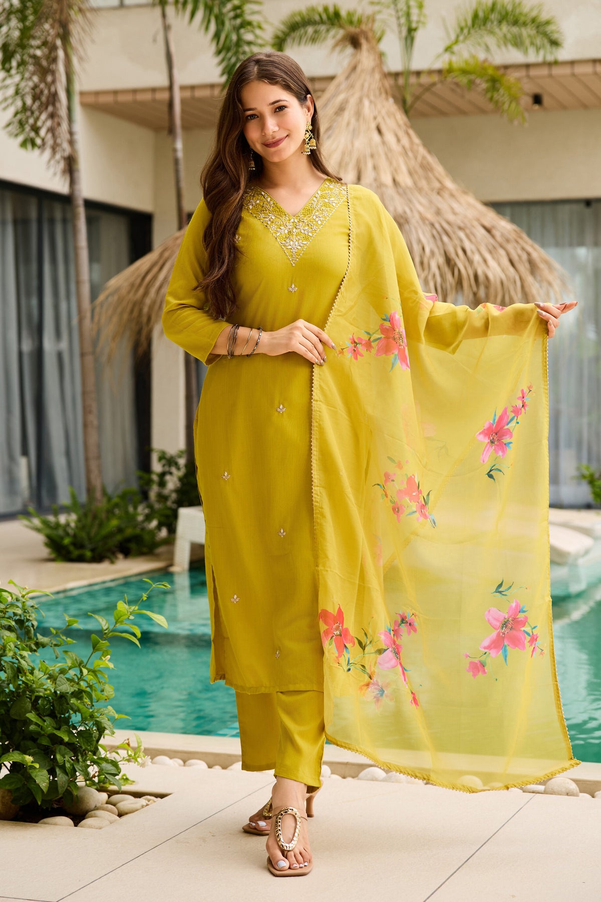 Lime Yellow Embroidered Kurta Set with Floral Dupatta