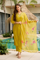 Lime Yellow Embroidered Kurta Set with Floral Dupatta