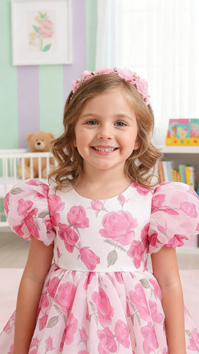 Pink And White Floral Print Puff Sleeve Baby Frock