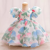 Blue And White Floral Print Puff Sleeve Baby Frock