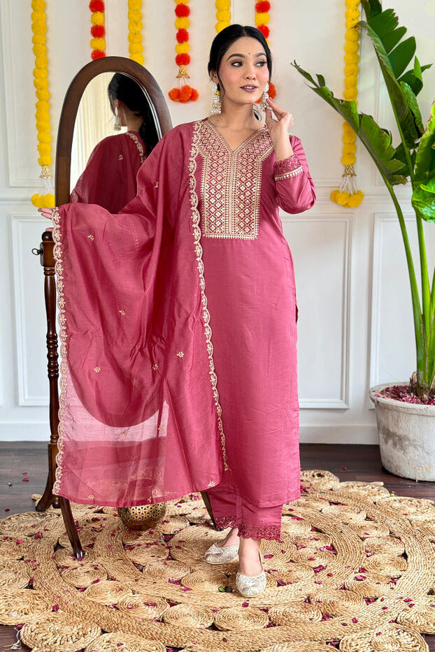 Madhvi Rose Pink Embroidered Kurta Set with Dupatta