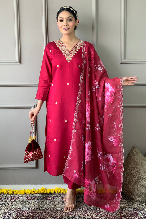 Leela Red Silk Kurta Set with Floral Dupatta