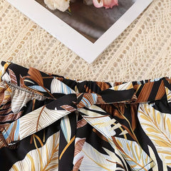 Girls Black Ribbed Sleeveless Crop Top & Tropical Leaf Print Pants Set