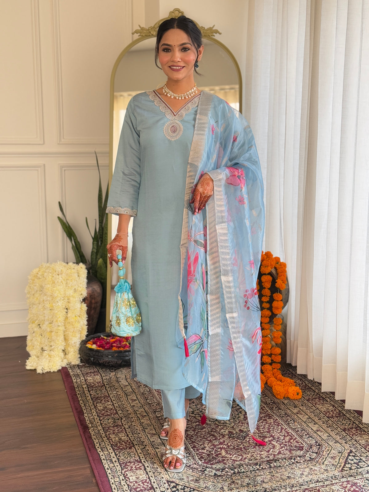 Powder Blue Embroidered Kurta Set with Organza Dupatta