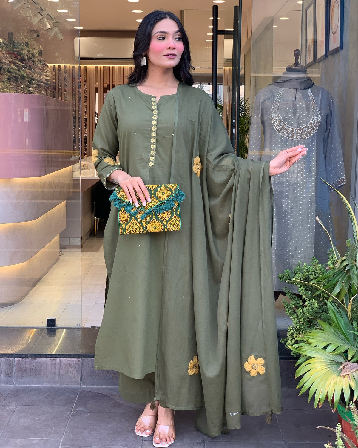 Olive Green Embroidered Kurta Set with Dupatta