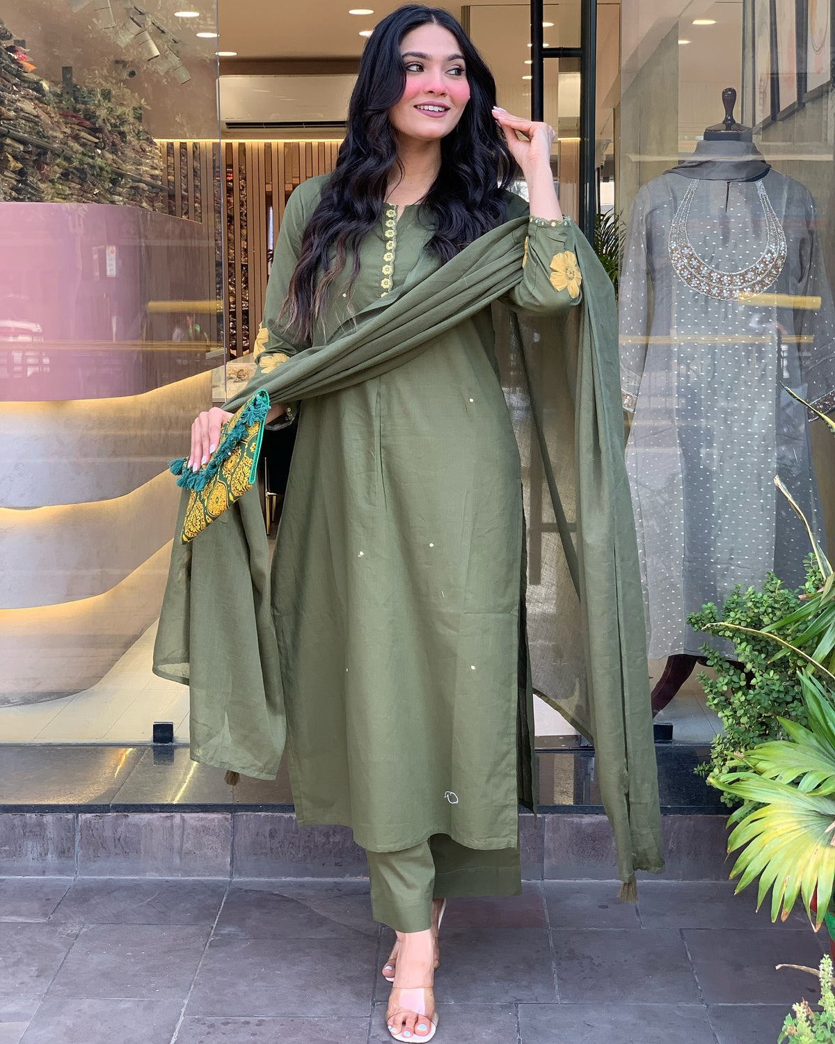 Olive Green Solid Kurta Set with Dupatta for Women
